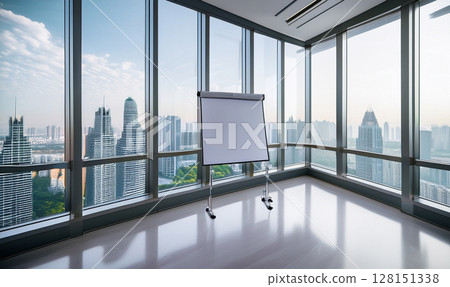 High-rise apartment building and whiteboard seen from the window of a skyscraper 128151338