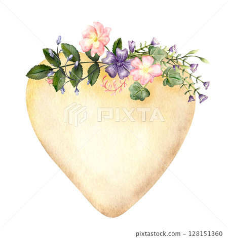 Watercolor Floral Heart on White Background 128151360