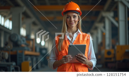 Female engineer in orange safety gear using tablet at construction site 128151754