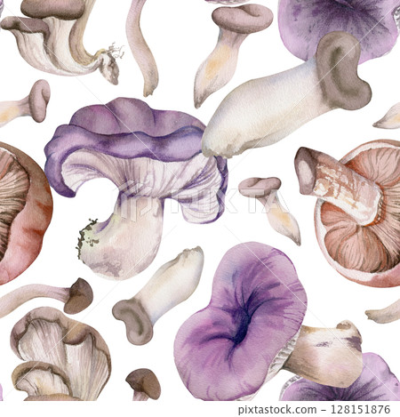 Russula webcap oyster hiratake mushroom. Nature seamless pattern hand drawn in watercolor. Vegan cooking edible raw ingredient. Scrapbooking decoupage stationery, wild food market wrapping, packaging Russula webcap oyster hiratake mushroom. Nature seamless pattern hand drawn in watercolor. Vegan cooking edible raw ingredient. Scrapbooking decoupage stationery, wild food market wrapping, packaging 128151876