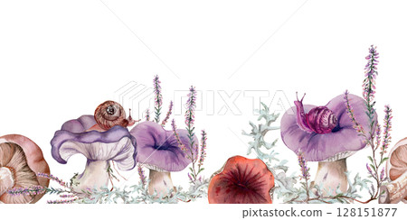 Russula webcap mushroom, snail on top, moss lichen growth, heather flowers. Seamless banner header hand drawn in watercolor. Forest floor habitat scene. Scrapbooking decoupage origami paper, stencils 128151877