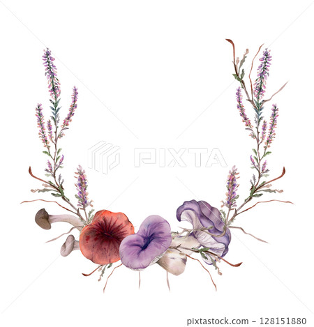 Russula webcap mushroom, snail on top, heather flowers, moss lichen growth. Forest floor habitat nature scene. Wreath frame hand drawn in watercolor. Label, tag design, menu recipe, wild food market Russula webcap mushroom, snail on top, heather flowers, moss lichen growth. Forest floor habitat nature scene. Wreath frame hand drawn in watercolor. Label, tag design, menu recipe, wild food market 128151880