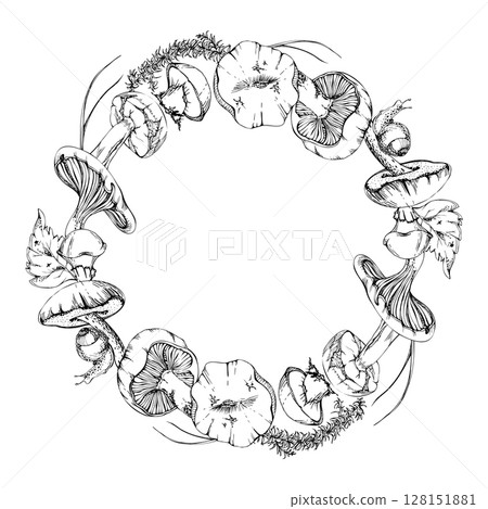 Bolete cep russula suillus mushroom with leaves twigs pine needles. vector ink hand drawn fungi wreath frame. Autumn forest harvest, vegan cooking edible raw ingredient. Label tag menu recipe cards 128151881