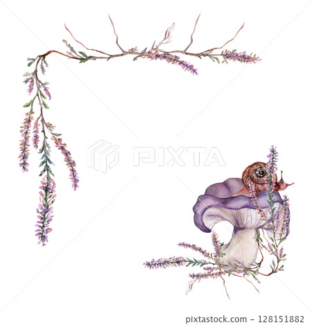 Russula webcap mushroom, snail on top, moss lichen growth, heather flowers. Forest floor habitat nature scene. Square corner frame hand drawn in watercolor. Gardening guides calendars, cards labels 128151882