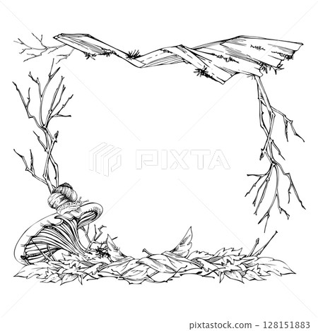 Russula cortinarius webcap mushroom, crawling snail on cap, on top of fallen autumn leaves pile with twigs. Square corner frame hand drawn in vector ink. Fungi natural forest floor, backyard garden. Russula cortinarius webcap mushroom, crawling snail on cap, on top of fallen autumn leaves pile with twigs. Square corner frame hand drawn in vector ink. Fungi natural forest floor, backyard garden. 128151883