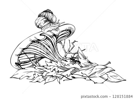 Russula cortinarius webcap mushroom, crawling snail on cap, on top of fallen autumn leaves pile with twigs. Forest floor, backyard garden scene. Fungi natural illustration hand drawn in vector ink. Russula cortinarius webcap mushroom, crawling snail on cap, on top of fallen autumn leaves pile with twigs. Forest floor, backyard garden scene. Fungi natural illustration hand drawn in vector ink. 128151884