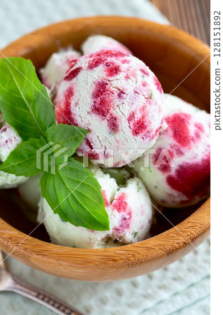 Strawberry Basil Ice Cream Close-Up. 128151892
