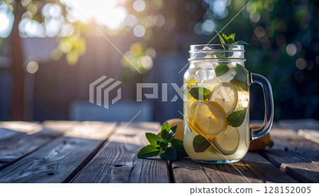 A glass pitcher of lemonade with mint leaves and ice cubes. The pitcher is on a wooden table 128152005