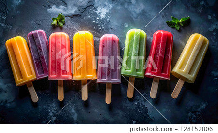 A row of colorful popsicles with green leaves on top. The popsicles are arranged in a line and are of different colors 128152006