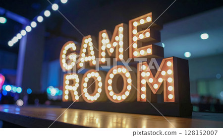 A sign that says Game Room with lights on it. The sign is lit up and is on a table 128152007