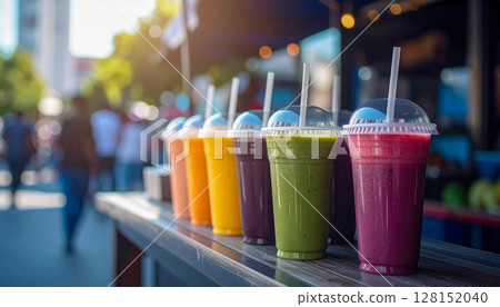 A table with six different colored cups of juice. The cups are lined up next to each other 128152040