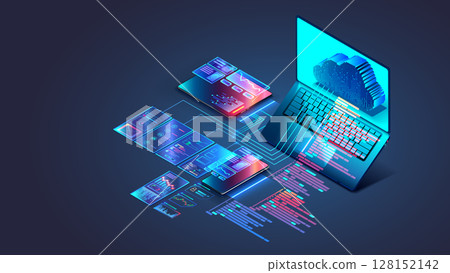 Web development and coding. Cross platform software development of website. Adaptive layout internet page or web interface on screen laptop, tablet and phone. Isometric computer technology concept. Web development and coding. Cross platform software development of website. Adaptive layout internet page or web interface on screen laptop, tablet and phone. Isometric computer technology concept. 128152142