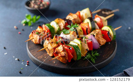 A plate of skewers with vegetables and herbs on a wooden board. The plate is on a blue background 128152179