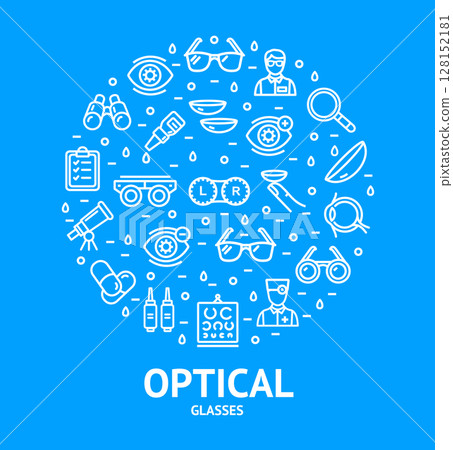 Optical Glasses Element Round Design Template Thin Line Icon Concept. Vector Optical Glasses Element Round Design Template Thin Line Icon Concept. Vector 128152181