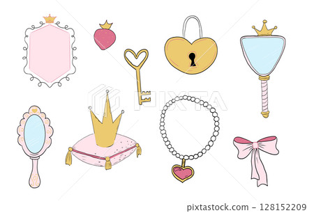 Princess set cute hand drawn sketch. Girl magic fairy mirror, pageant, crown, fairytale fantasy. Royal accessory. Letter and key. 128152209