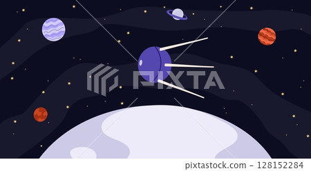 Artificial space satellite flies in open space around planet. Earth orbit among stars and planets. Soviet Sputnik flight. Cosmos exploration spaceship shuttle. Vector astronomy concept 128152284