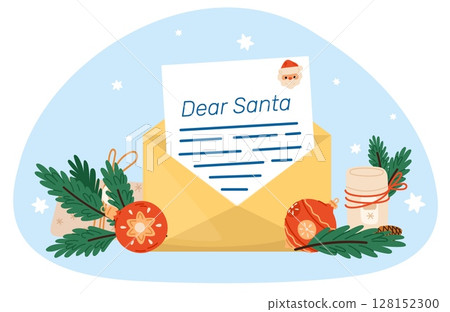 Envelope with Christmas letter. Dear Santa mail. Asking for gifts. Xmas tree decorations or fir branches. Correspondence express delivery. Postal message. Greeting card. Vector concept 128152300
