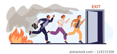 Frightened by fire office workers run to door labeled exit. People leaving work on escape and running to rescue entrance. Combustion safety. Emergency workplace doorframe. Vector concept Frightened by fire office workers run to door labeled exit. People leaving work on escape and running to rescue entrance. Combustion safety. Emergency workplace doorframe. Vector concept 128152306