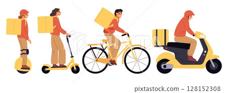 Fun delivery service couriers on scooters or bicycles. Man with backpack ride on monocle gyroscooter. Deliveryman on moped. Order logistic. Electric bike. Vector delivers transport set Fun delivery service couriers on scooters or bicycles. Man with backpack ride on monocle gyroscooter. Deliveryman on moped. Order logistic. Electric bike. Vector delivers transport set 128152308