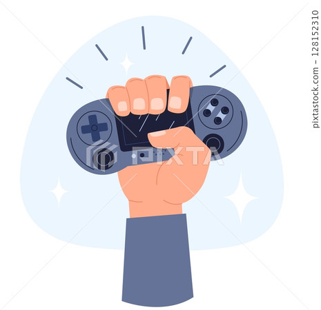 Gamers hand holds gamepad. Joystick for video games. Gaming technology garget. Arm raising controller. Playing console. Joypad with screen and buttons. Arcade control. Vector concept 128152310