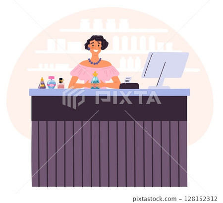 Girl selling perfume. Seller at store counter offering toilet water with new fragrance. Present smell sale. Beauty boutique. Toilette essence or cosmetic cologne bottles. Vector concept 128152312