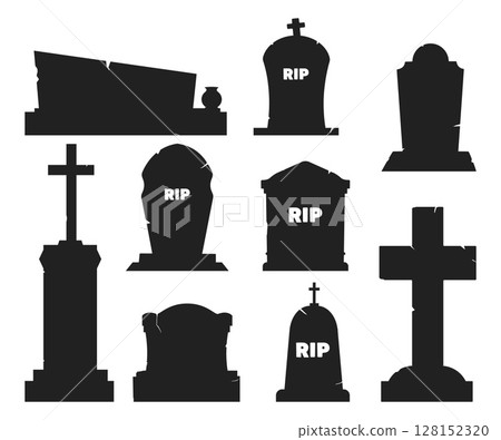 Gravestones on graves. Burial monuments. Black silhouette Crosses and headstones. Cemetery crucifix. Tombstone obelisks. Mystery crypt. Halloween decor. Vector gothic memorials set 128152320