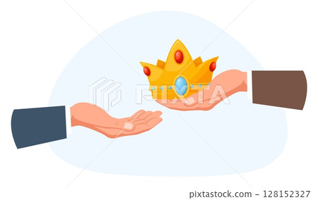 Hand businessman passes golden crown to another business man. Change of leadership. Success startup. Leader insignia. Boss authority. Successful winner. Career award. Vector concept 128152327
