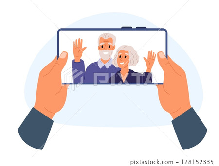 Hands hold smartphone with video call. Mobile connection technology. Communication with grandparents or elderly parents. Arms with device screen. Happy senior couple faces. Vector concept Hands hold smartphone with video call. Mobile connection technology. Communication with grandparents or elderly parents. Arms with device screen. Happy senior couple faces. Vector concept 128152335