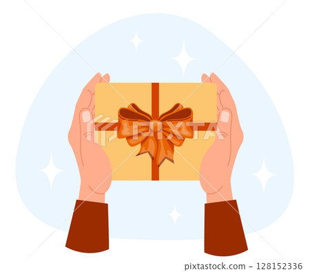 Hands holding gift box with bow. Receive or give present. Holiday celebration. Container with ribbons. Anniversary surprise. Customer sale prize. Christmas tradition. Vector concept 128152336