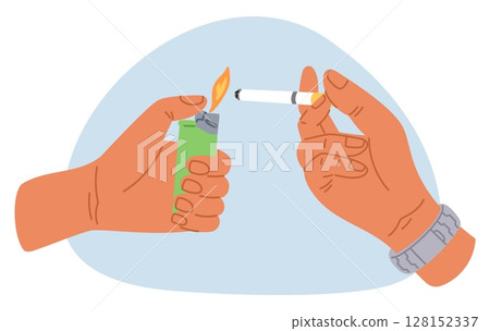 Hands holding lighter and tobacco cigarette. Ciggy smoking. Light nicotine stick. Smoker arms burning cigar for smoke. Unhealthy habit and addiction. Flame accessory. Vector concept Hands holding lighter and tobacco cigarette. Ciggy smoking. Light nicotine stick. Smoker arms burning cigar for smoke. Unhealthy habit and addiction. Flame accessory. Vector concept 128152337