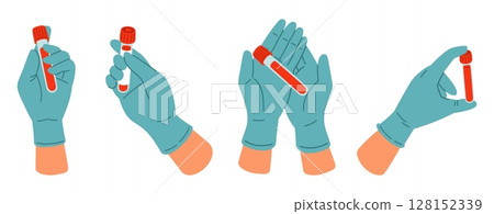 Hands of lab worker wearing medical gloves holding blood samples in test tubes. Laboratory analysis. Diagnostic examination. Glass flask in doctor arm palm. Bloody testing vector set Hands of lab worker wearing medical gloves holding blood samples in test tubes. Laboratory analysis. Diagnostic examination. Glass flask in doctor arm palm. Bloody testing vector set 128152339