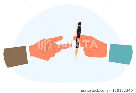 Hands pass each other pen. Signing agreement or contract. Give stationery. Document signature. Business deal. Businessman gesture. Ballpoint for writing. Office managers. Vector concept Hands pass each other pen. Signing agreement or contract. Give stationery. Document signature. Business deal. Businessman gesture. Ballpoint for writing. Office managers. Vector concept 128152340