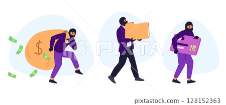 Male thief wearing black mask stole money, credit card and folder with personal information. Financial crime. Cash theft. Economic fraud. Phishing scam. Sneaking man. Vector criminal set Male thief wearing black mask stole money, credit card and folder with personal information. Financial crime. Cash theft. Economic fraud. Phishing scam. Sneaking man. Vector criminal set 128152363