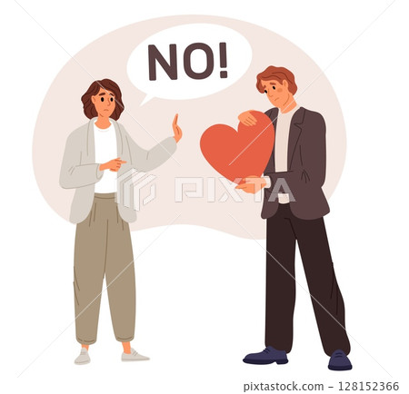 Woman says no to man offering red heart. Unrequited love. Reject gesture. Feeling denial. Relationship refuse. Unwanted romance. Stop expression. Couple disagreement. Vector concept Woman says no to man offering red heart. Unrequited love. Reject gesture. Feeling denial. Relationship refuse. Unwanted romance. Stop expression. Couple disagreement. Vector concept 128152366