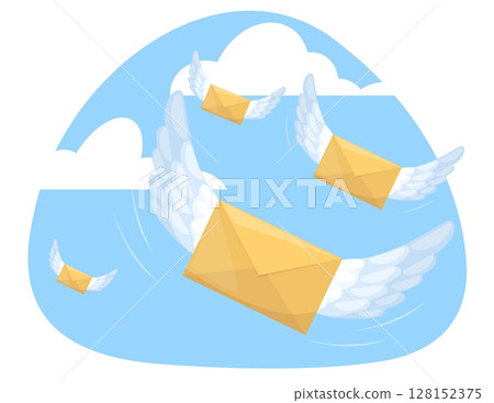 Envelopes with wings fly in sky among clouds to addresses. Paper letters send. Postal correspondence. Mail air flight. Messages chart. Post communication. SMS newsletter. Vector concept 128152375