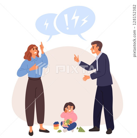 Family conflict. Man and woman fighting. Baby crying. Couple divorce. Parents angry quarrel. Mother and father abuse yelling. People disagreement. Problem relationship. Vector concept 128152382