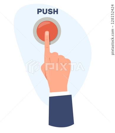 Hand with index finger turns on big red button. Start turner. Dashboard controller. Forefinger at tumbler. Businessman gesture. Energy console. Arm pressing switcher. Vector concept Hand with index finger turns on big red button. Start turner. Dashboard controller. Forefinger at tumbler. Businessman gesture. Energy console. Arm pressing switcher. Vector concept 128152424