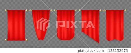 Realistic vertical red pennant on transparent background. Flag different shapes. Heraldic pendant cloth. Pennon folds. Hanging placard. Holiday decoration. Vector textile mockups set 128152473