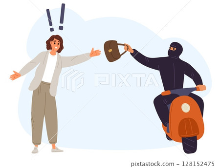 Scooter thief snatched purse from womans hand. Perpetrator stole girl belongings. Motorized burglar in mask. Pickpocket crime. Gangster at moped. Bandit driving vehicle. Vector concept Scooter thief snatched purse from womans hand. Perpetrator stole girl belongings. Motorized burglar in mask. Pickpocket crime. Gangster at moped. Bandit driving vehicle. Vector concept 128152475
