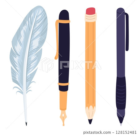 Vintage and modern writing instruments. Writer tool. Quill feather. Ballpoint or fountain pen. Graphite pencil with eraser. Business office or school accessories. Vector stationery set Vintage and modern writing instruments. Writer tool. Quill feather. Ballpoint or fountain pen. Graphite pencil with eraser. Business office or school accessories. Vector stationery set 128152481
