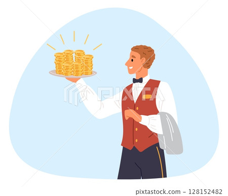Waiter carries gold sparkling coins on tray. Financing or investing in business. Tips for servant and bartender. Cafe staff holding plate. Hotel hospitality. Golden cash. Vector concept 128152482
