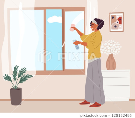Woman cleaning apartment. Housewife washing window. Housekeeping service. Girl spraying cleanser and wiping glass with sponge. Domestic cleanup. Female doing housework. Vector concept 128152495