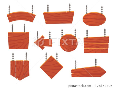 Wooden signs or boards suspended from metal chain. Travel guidepost. Directional roadsign. Tavern billboard. Wood navigation arrow. Timber signage pointer. Vector hanging signboards set Wooden signs or boards suspended from metal chain. Travel guidepost. Directional roadsign. Tavern billboard. Wood navigation arrow. Timber signage pointer. Vector hanging signboards set 128152496