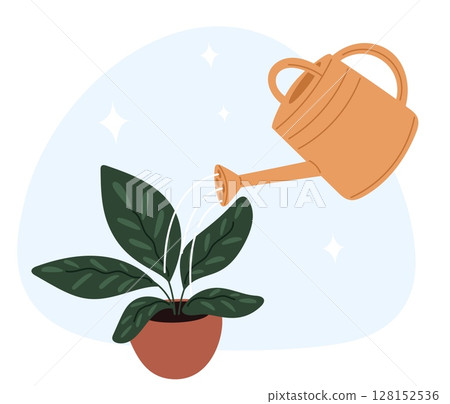 Yellow watering can pouring water on green indoor plant. Ficus in brown pot. Room flowers irrigation. Home gardening. Caring of houseplant. Seedling growing in flowerpot. Vector concept Yellow watering can pouring water on green indoor plant. Ficus in brown pot. Room flowers irrigation. Home gardening. Caring of houseplant. Seedling growing in flowerpot. Vector concept 128152536