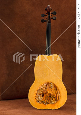 Still life with a cut pumpkin and fretboard on a brown background 128152607