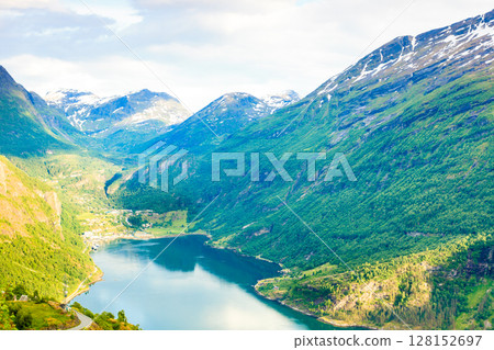 View on Geirangerfjord from Flydasjuvet viewpoint Norway View on Geirangerfjord from Flydasjuvet viewpoint Norway 128152697