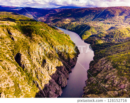 Aerial view of river Sil Canyon, Galicia Spain 128152716