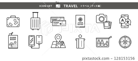 Travel icon set (suitcase, passport, map, smartphone, etc.) 128153156