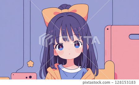 Cute Anime Girl Portrait with Large Yellow Bow 128153183
