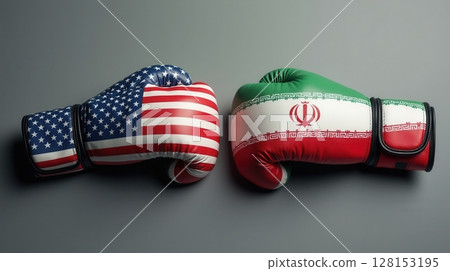 Two boxing gloves with American and Iranian flags face off on gray 128153195
